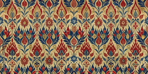 Intricate floral textile pattern featuring vibrant red, blue, and gold hues.