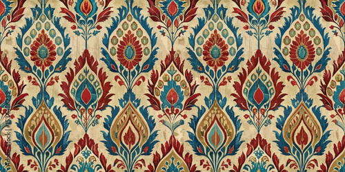 Richly patterned textile featuring ornate floral designs in vibrant colors.