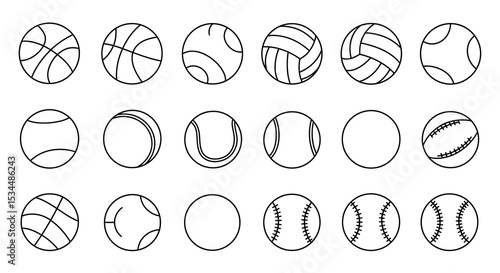 Set of 16 black and white sports balls including basketball, volleyball, and baseball vector illustration