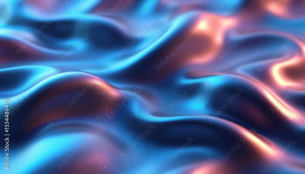 Obraz premium Abstract 3D render of wavy sculpture with pearlescent car paint. Smooth glossy gradient of blue orange colors with liquid flow. Reflective surface. Ideal background for design projects tech luxury
