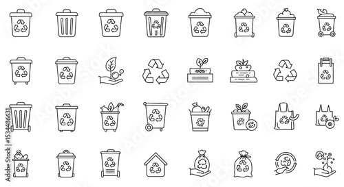 Set of outline recycling icons including bins, bags, arrows, and compost symbols vector illustration