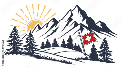 Swiss patriotic vector with mountain landscape and flag, perfect for Swiss National Day, outdoor adventure themes, and Switzerland tourism illustrations.