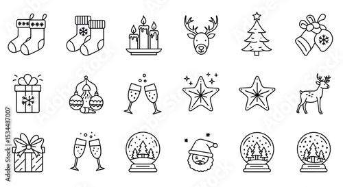 Set of christmas icon outlines with decorations and festive elements vector illustration