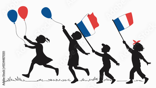 Vector silhouette of French children walking with national flag and balloons, symbolizing freedom, childhood joy, and cultural unity, perfect for Bastille Day or educational visuals.