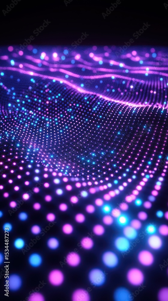 Fototapeta premium Glowing dots form a rippling surface with pink & blue light