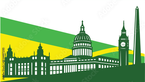 Vector artwork of the U.S. Capitol building with green and yellow stylized flag accents, ideal for patriotic events, politics, tourism promotions, and American-themed educational content.