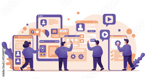 Team of diverse young adults collaborating on digital media and technology devices vector illustration
