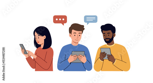 Diverse group of young adults engaging with smartphones and tablets vector illustration