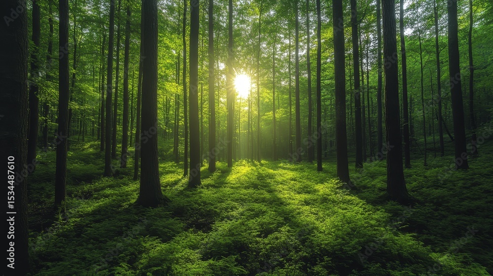 Fototapeta premium Sunlight Filters Through Tall Trees in a Lush Green Forest During the Morning, Creating a Serene and Tranquil Atmosphere