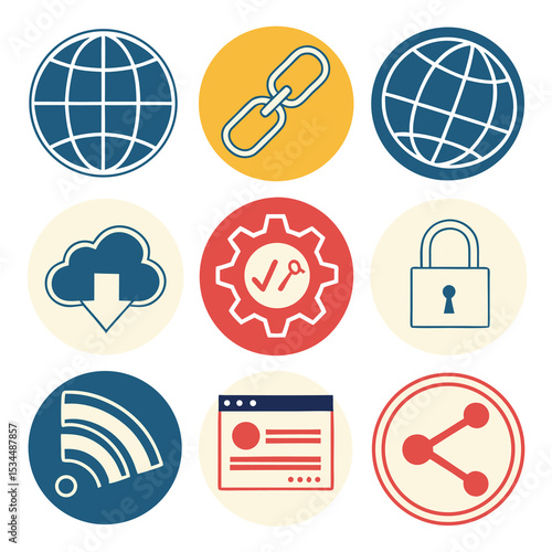 Colorful Flat Icons Representing Essential Web and Internet Services
