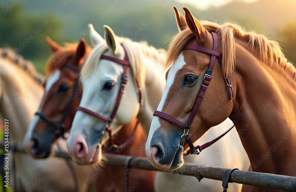 Obraz premium Close-up shot of three horses in the open air. Equestrian theme in soft sunlight. Horse heads with bridles stand near the wooden fence. Animals, sport, training, race, competition, summer banner