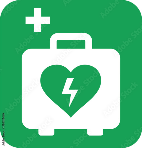 AED First Aid Kit Icon - Heart with Lightning Bolt Symbol on Green Background