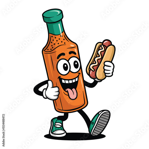 A playful cartoon of a tall glass bottle of hot sauce with big eyes, wearing sneakers