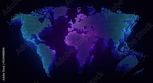 Blue and purple glowing neon world map on a dark background. Concept of travel, international logistics. Worldwide network connection, digital art illustration. 