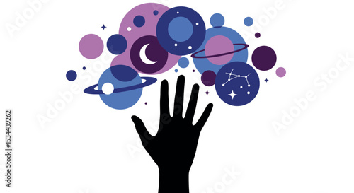 Silhouette of hand reaching for colorful celestial bodies vector illustration