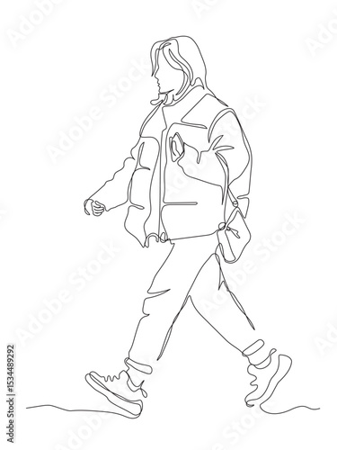 Woman in warm winter jacket holding phone walking. Side view. Continuous line drawing. Black and white vector illustration in line art style.