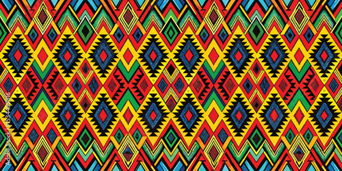 Vibrant tribal pattern with bold geometric shapes and bright colors.