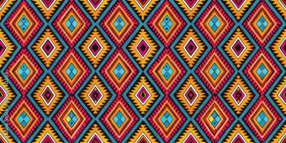 Colorful geometric textile pattern featuring vibrant diamond shapes. Colorful geometric textile pattern featuring vibrant diamond shapes.