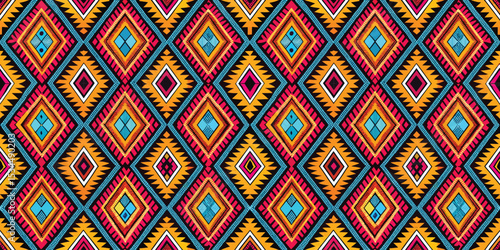 Colorful geometric textile pattern featuring vibrant diamond shapes.