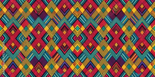 Colorful geometric pattern in vibrant hues and intricate designs.