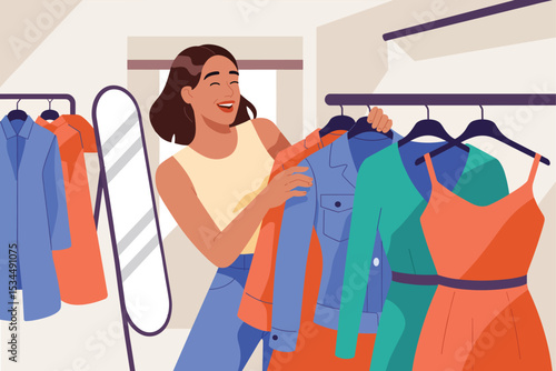 Happy Woman Shopping for Clothes in a Boutique Finding the Perfect Outfit