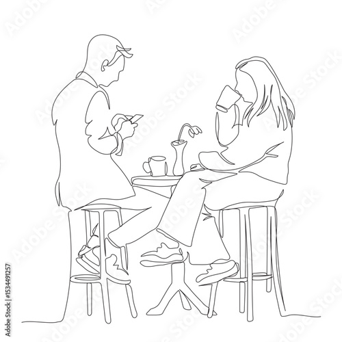 Couple with drinks at street cafe table. Man using phone for online menu. Side view. Continuous line drawing. Black and white vector in line art style.