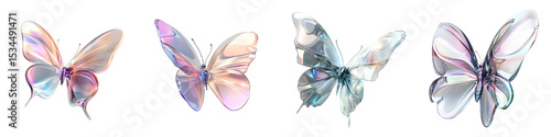 Set of glass morphic transparent butterfly, futuristic 3D illustration, isolated on transparent background.
