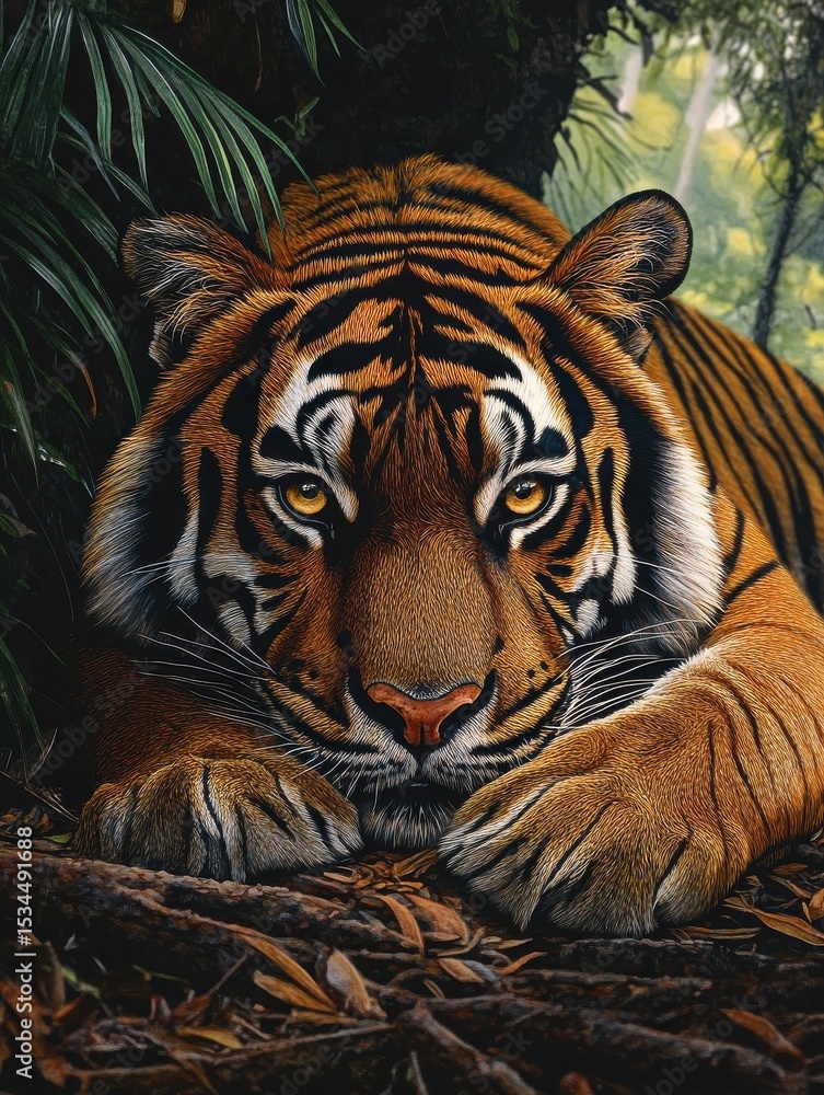 Fototapeta premium Malayan tiger laying in the forest, showcasing its beautiful orange fur and black stripes, endangered, wildlife