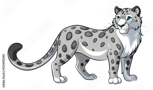 Cartoon Snow Leopard Isolated Illustration with Blue Eyes and Gray Spots on White