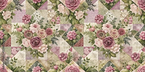 Beautiful floral patchwork pattern in soft pink and green tones.