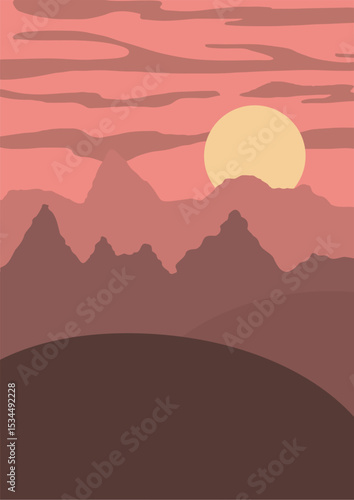 Vector drawing of landscape with mountains and sunset