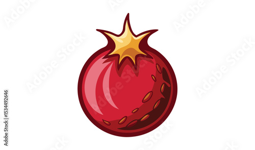 CartoonStyle Pomegranate with Bright Red Skin, Small Seeds, and Yellow Crown on White