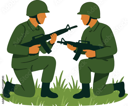 Two Soldiers Kneeling And Aiming Rifles At Each Other