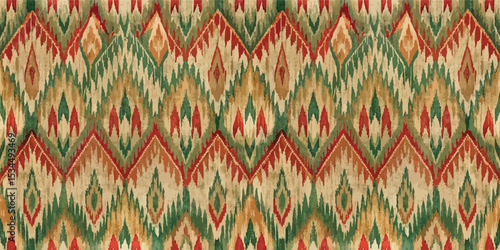 Vibrant green and red patterned textile with an intricate design.