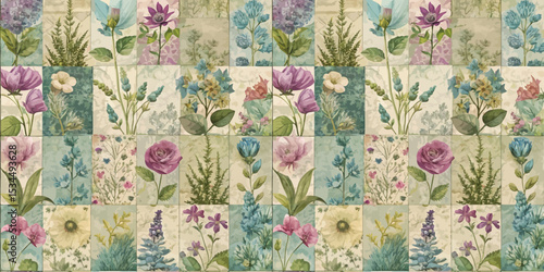 A vibrant floral patchwork design featuring various blossoms and greenery.
