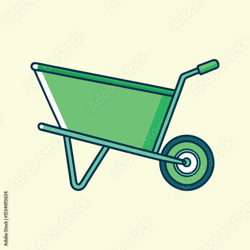 Green wheelbarrow illustration on a light yellow background for gardening needs