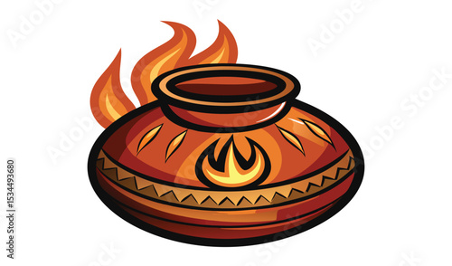 Illustrated Clay Pot with Tribal Design Accented by Flames on White Background