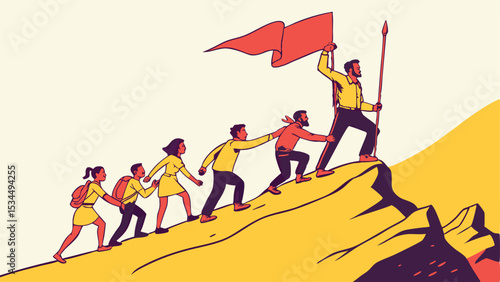 Team of diverse individuals climbing together towards achievement as leader waves flag on mountain top illustrating business success