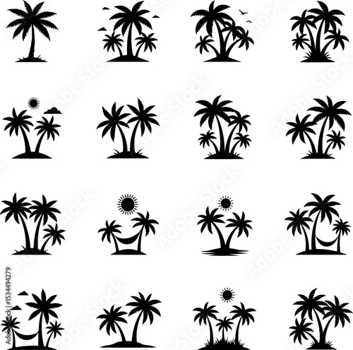 Collection of nine black silhouette palm trees, set against a white background.