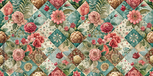 Vibrant floral patchwork design with rich colors and intricate detailing.
