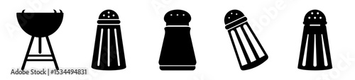 Black silhouette of a barbecue grill and assorted salt shakers