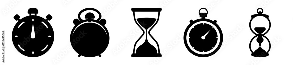 A variety of time measuring devices including stopwatches and hourglasses against white A variety of time measuring devices including stopwatches and hourglasses against white