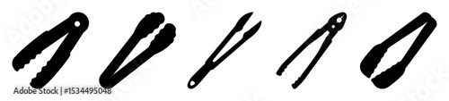 Five different styles of kitchen or serving tongs in black silhouette