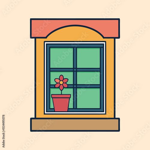 Stylized illustration of a window with a potted flower inside, against a soft background