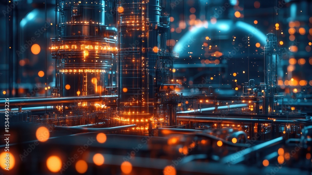 Industrial complex with pipes and tanks illuminated by orange lights in a futuristic setting Industrial complex with pipes and tanks illuminated by orange lights in a futuristic setting