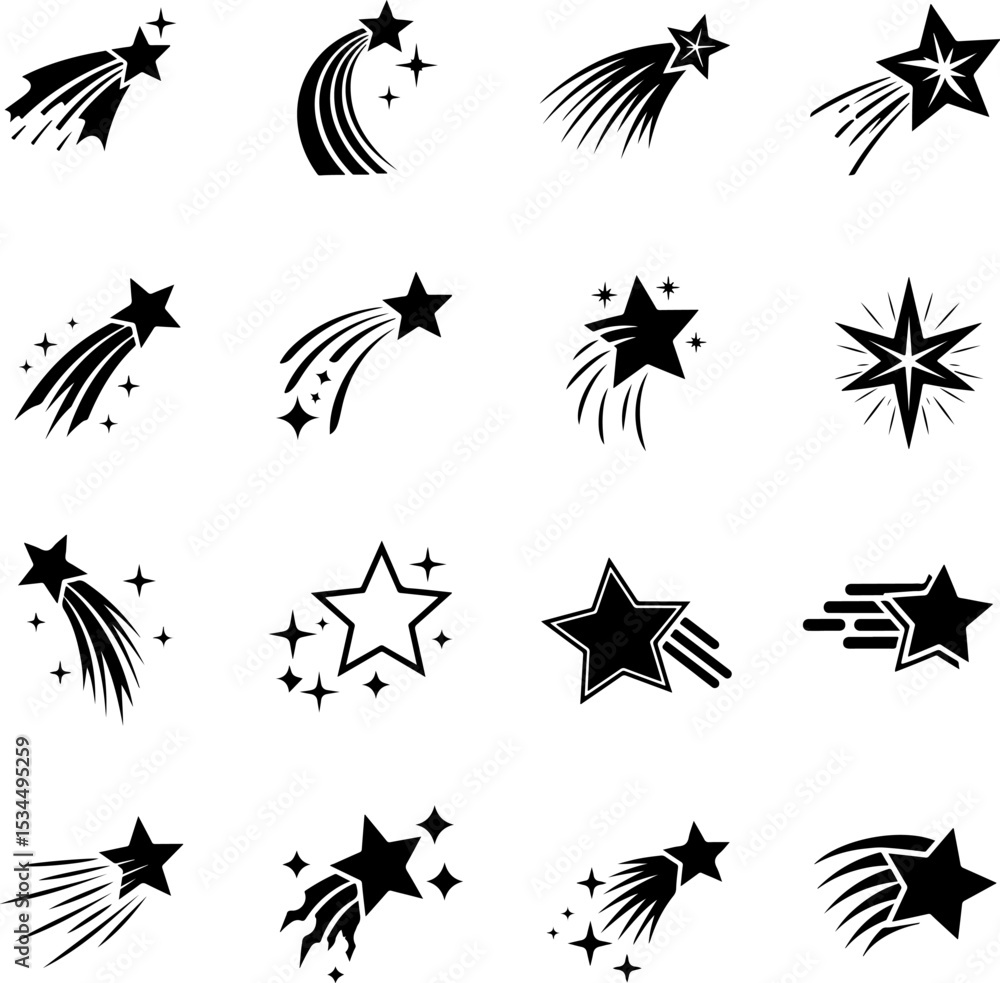 Fototapeta premium Collection of black and white shooting star icons.