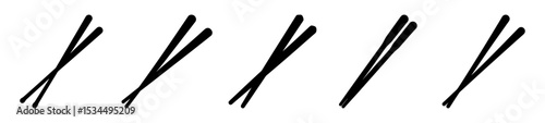 Five pairs of black chopsticks arranged diagonally and evenly spaced on white background