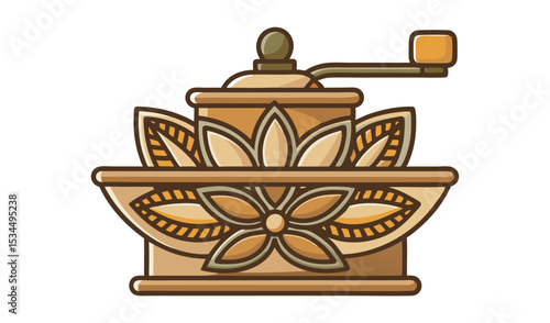Ornate Beige Coffee Mill with Floral Design, Antique Coffee Grinder Icon