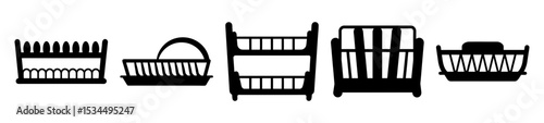 Five black silhouette dish racks line up in a row across canvas