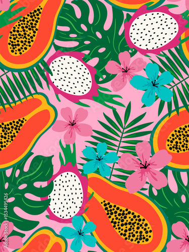 tropical fruit seamless pattern with papaya, dragon fruit, palm leaves and flowers on pink background for summer textile, wrapping paper, fabric and decor